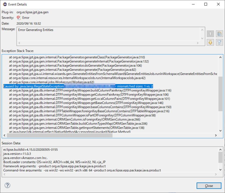 ehibernate toolsで外部キーがあるテーブルでエンティティを自動生成するとエラー (Error Generating